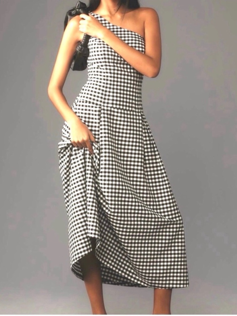 Anthropologie One Shoulder Black & White Gingham Dress Small NWT